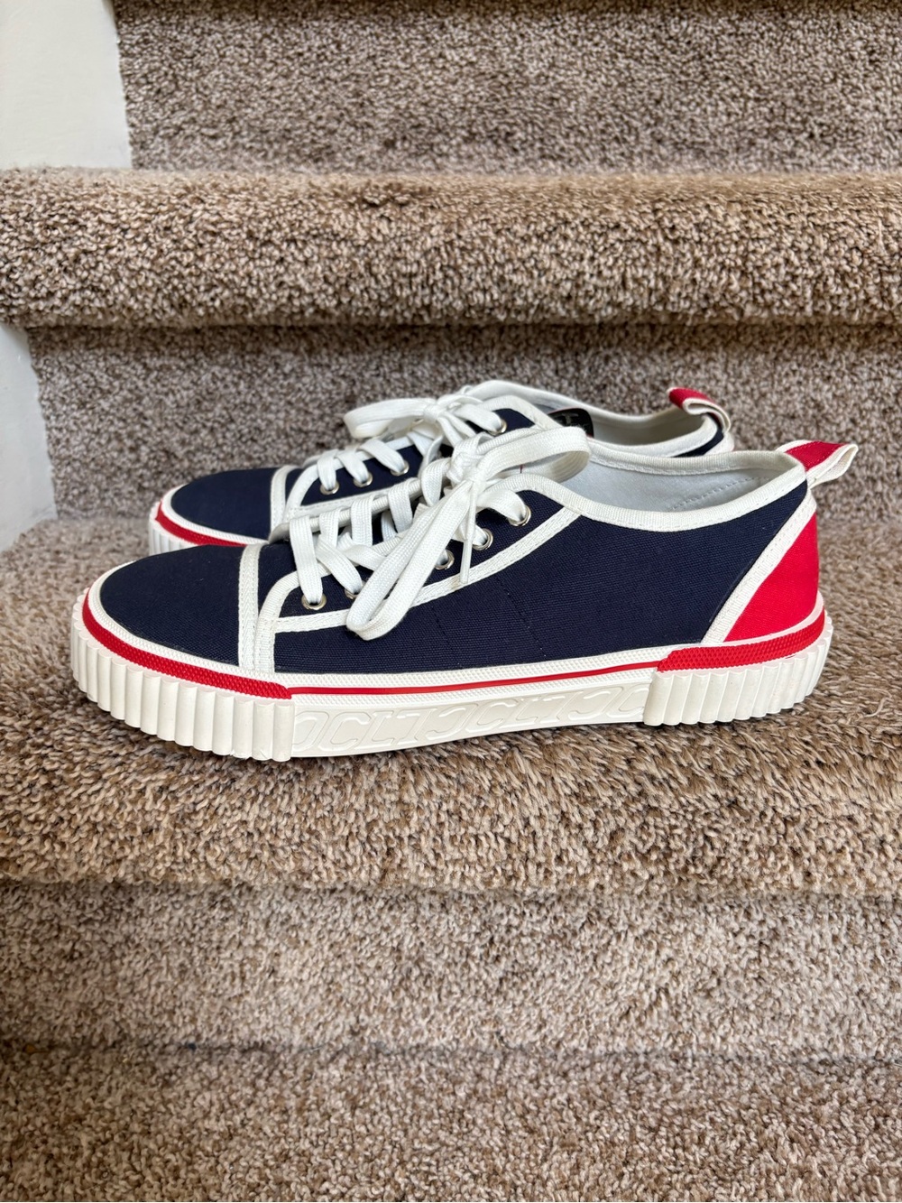 Christian Louboutin Gaby Men’s Navy and Red Canvas Lace up Sneakers - Picture 2 of 14